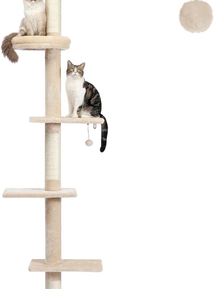 Cat Tower 5-Tier Floor to Ceiling Cat Tree Height(95-107 Inches) Adjustable, Tall, Climbing Tree Featuring with Scratching Post, Cozy Bed,Interactive Ball Toy for Indoor Cats/Kitten Beige