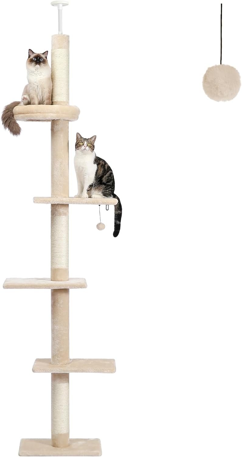 Cat Tower 5-Tier Floor to Ceiling Cat Tree Height(95-107 Inches) Adjustable, Tall, Climbing Tree Featuring with Scratching Post, Cozy Bed,Interactive Ball Toy for Indoor Cats/Kitten Beige