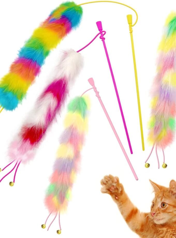 4 Pack Cat Wand Toy, Rainbow Cat Feather Toys with Bells, Cat Teaser Wand with Soft Furry Tail, Interactive Cat Toys for Indoor Cats & Kitten & Kitty