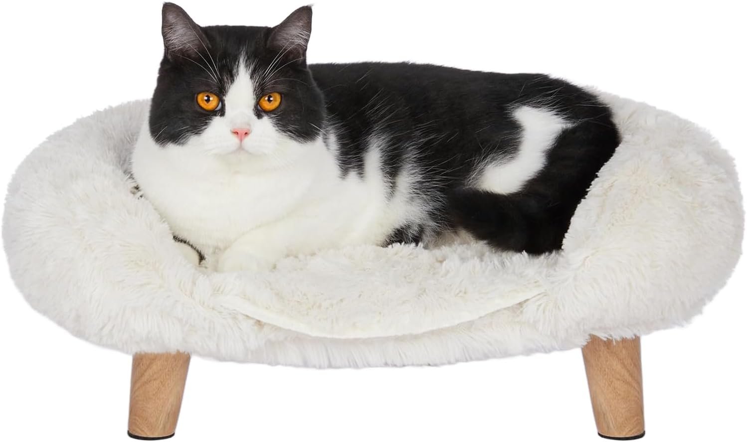 Elevated Pet Bed, Cat Dog Stool Bed with Sturdy Wood Legs Pet Chair, Plush Pet Bed, Round Warm Cuddler Kennel Soft Puppy Sofa for Small Dog Kitten,Relief and Improved Sleep-White