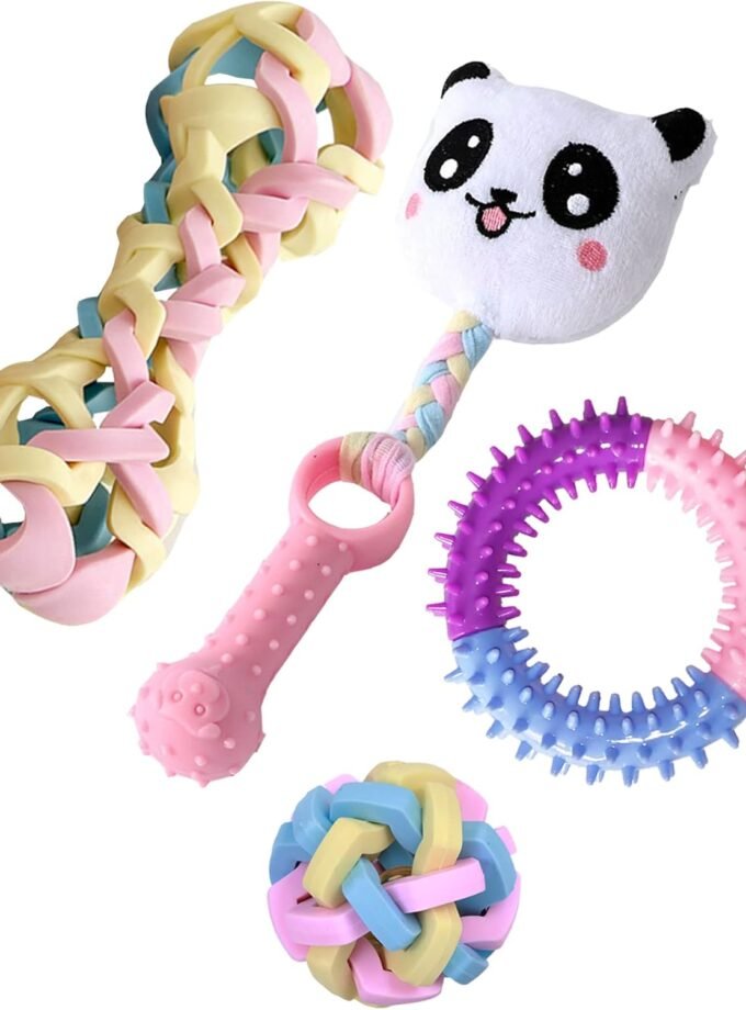 Puppy Toys or Small Medium Dogs 4 Pack Chew Toy for Puppies Pet Teething Toy for Cleaning Teeth Interactive Soft Plush Panda Treat DispenserI Bone Squeaky Ball Tri-Color Ring Cute Toy Set