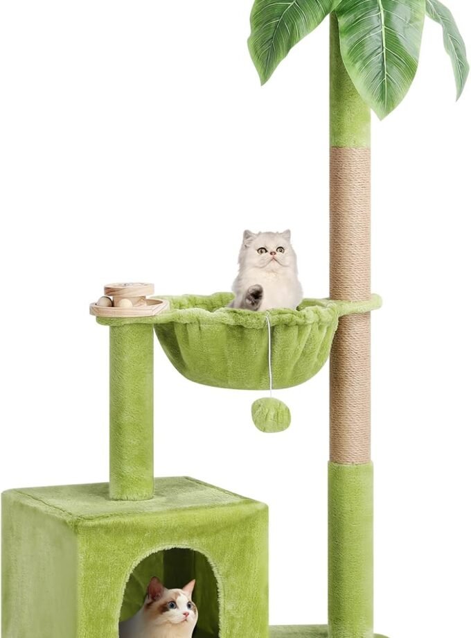 Cat Tree for Indoor Cats, Cat Tower with Large Hammock, Cat Condo Cat House Dangling Ball and Palm Leaf, Scratching Post for Indoor Kittens and Cats(Green)