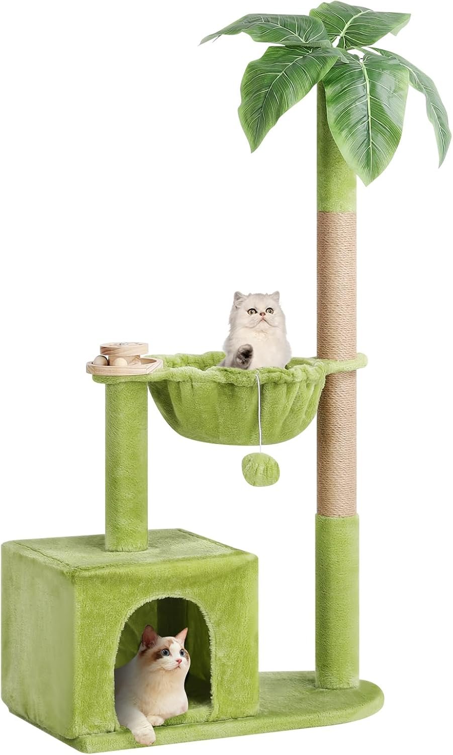 Cat Tree for Indoor Cats, Cat Tower with Large Hammock, Cat Condo Cat House Dangling Ball and Palm Leaf, Scratching Post for Indoor Kittens and Cats(Green)