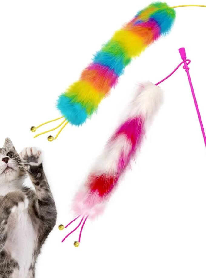 2 Pack Cat Wand Toy, Rainbow Cat Feather Toys with Bells, Cat Teaser Wand with Soft Furry Tail, Interactive Cat Toys for Indoor Cats & Kitten & Kitty