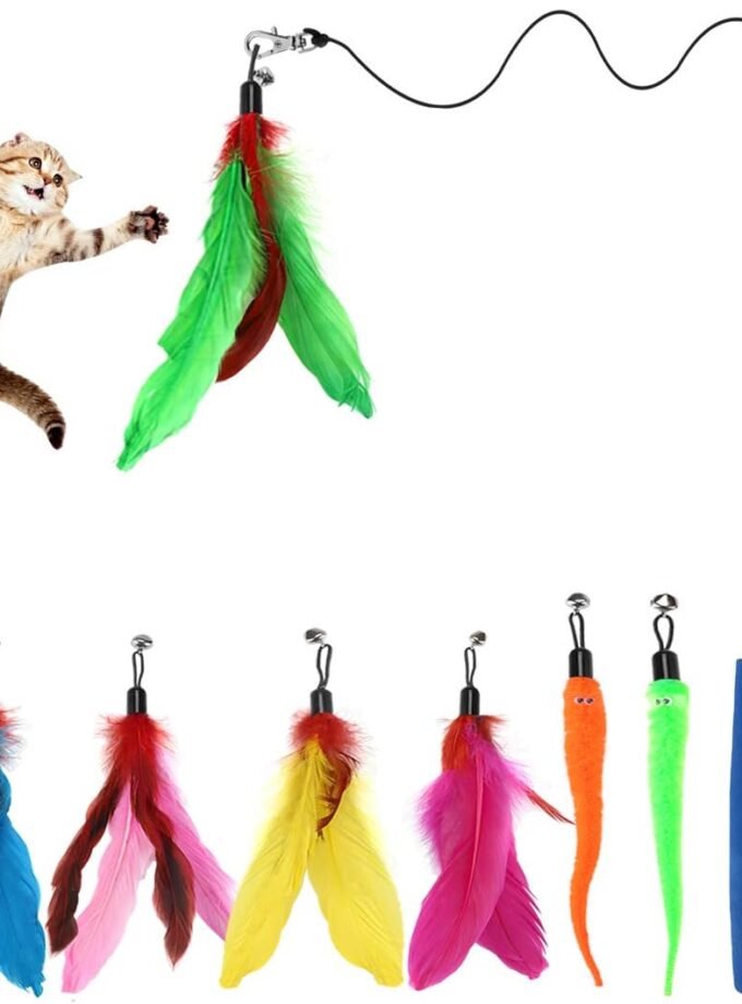 Cat Toys Feathers Wand, Interactive Cat Toy Kitten Toys 2 Retractable Cat Wand Toy and 7 Feather Teaser Refills with bells, Telescopic Cat Fishing Pole Toy for Indoor Bored Cats Gifts Exercise Pack