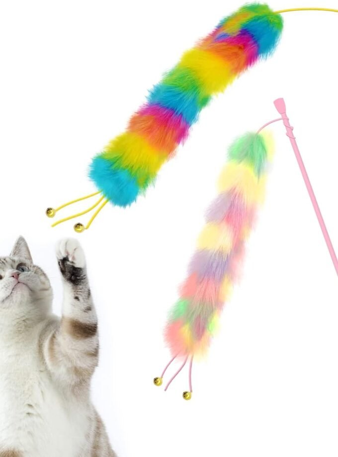 2 Pack Cat Wand Toy, Rainbow Cat Feather Toys with Bells, Cat Teaser Wand with Soft Furry Tail, Interactive Cat Toys for Indoor Cats & Kitten & Kitty