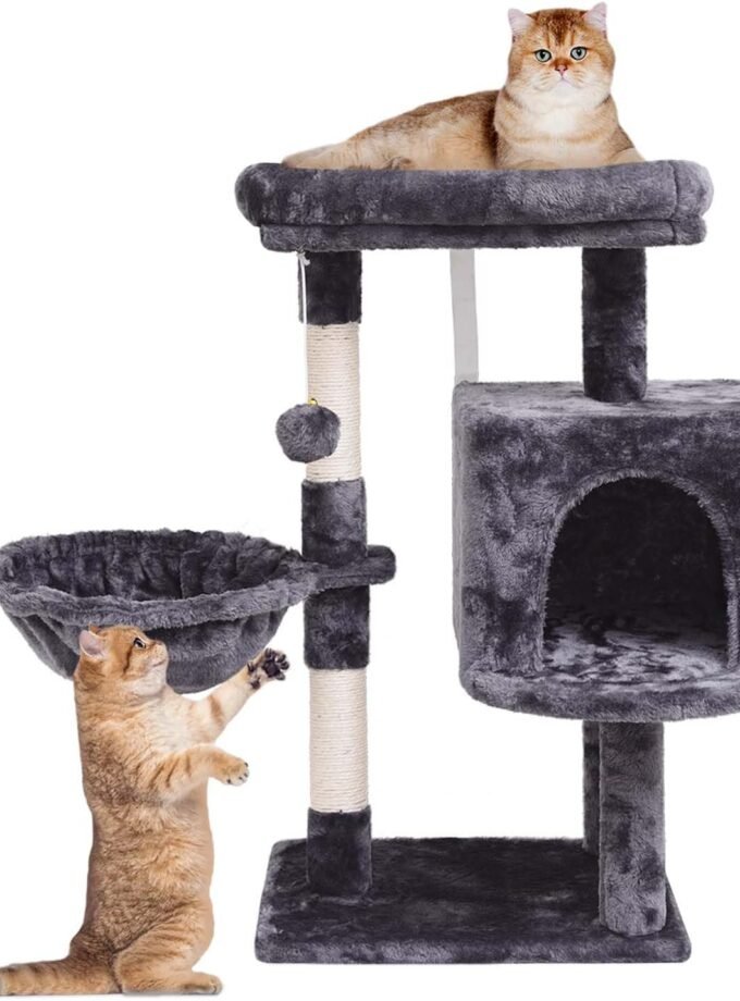 29.53" Cat Tree for Indoor Cats, Activity Cat Tower with Scratching Post, Condo for Kittens, Climbing Stand with Basket & Hanging Ball for Play Rest (Smoky Grey)