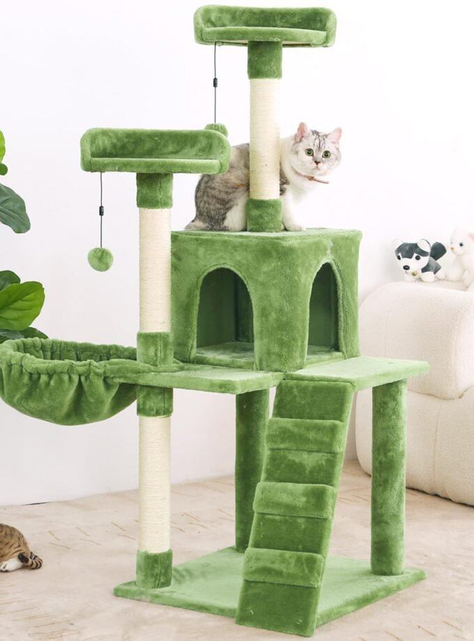 54in Cat Tree Cat Tower Condo Furniture Scratch Post with Natural Sisal Rope, Hammock & Cradle for Cats Kittens, Tall Cat Climbing Stand with Plush Perch & Toys Green