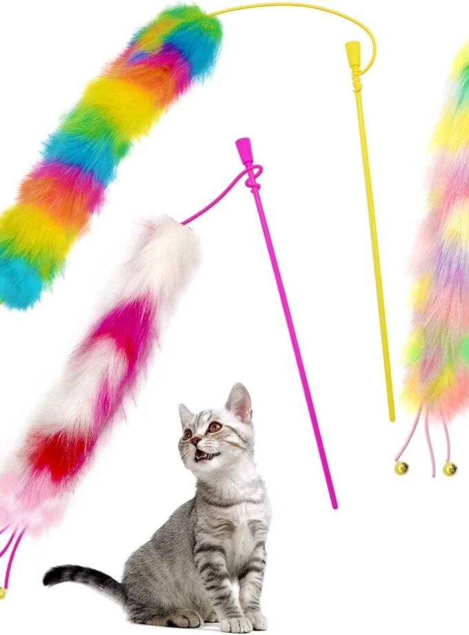 3 Pack Cat Wand Toy, Rainbow Cat Feather Toys with Bells, Cat Teaser Wand with Soft Furry Tail, Interactive Cat Toys for Indoor Cats & Kitten & Kitty