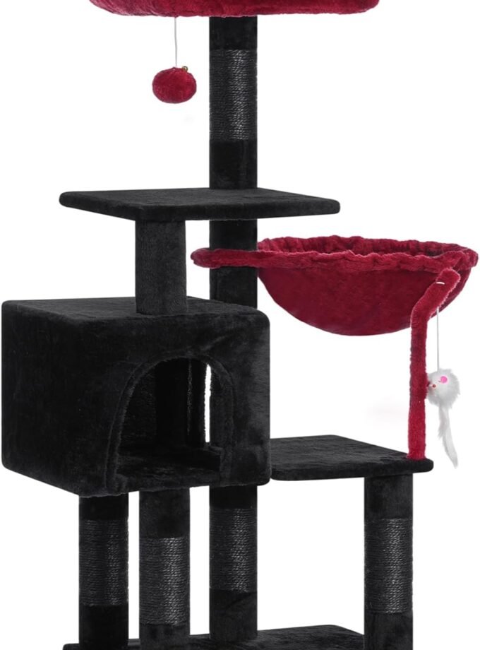 Cat Tree with toy, Cat Tower condo for Indoor Cats, Cat House with Padded Plush Perch, Cozy hammock and Sisal Scratching Posts, Black and Red