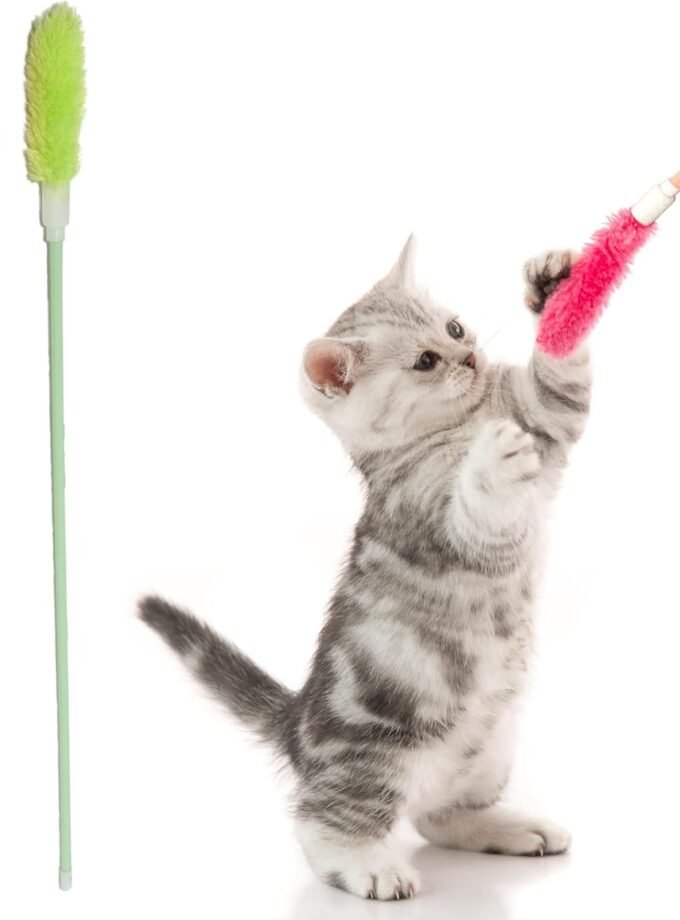 Interactive Cat Toys, Cat Teaser Wand Toys - Long Sticks with Pink & Green Soft Plush Tips for Indoor Cats and Kittens, 2Pcs Set