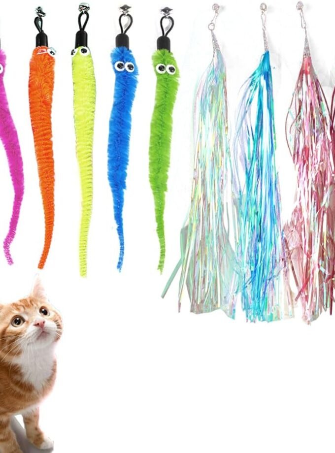 10-Pack of Vibrant Feathered Cat Toy Refills Feather Toys Refills,Cat Fishing Pole Toy for Bored Indoor Cats Chase and Exercise (Worm tussel Refills)