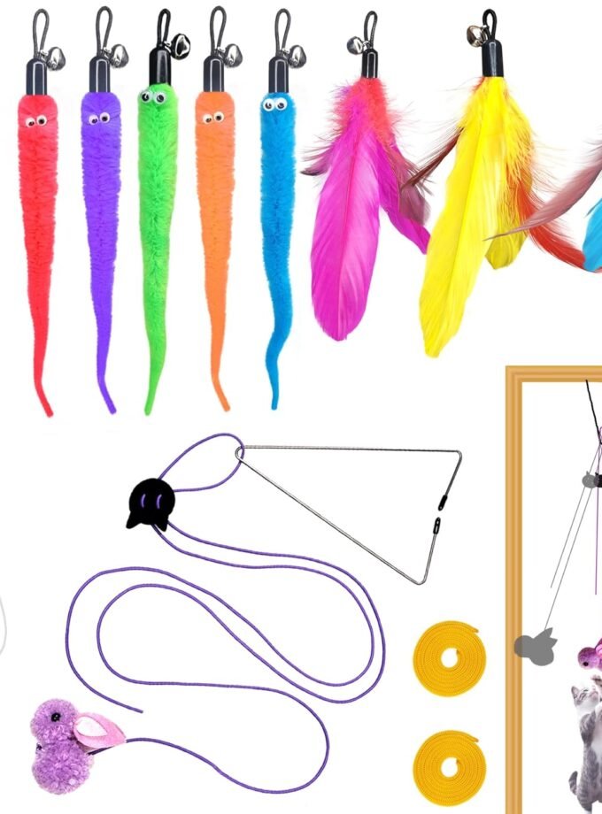 Cat Toys Interactive for Indoor Cats,2PCS Retractable Cat Wand Toys,9PCS Teaser Toys&1PCS Hanging Door Lure Cat Toy,Interactive Feather Toy for Teaser Play and Chase Exercise with Kitten