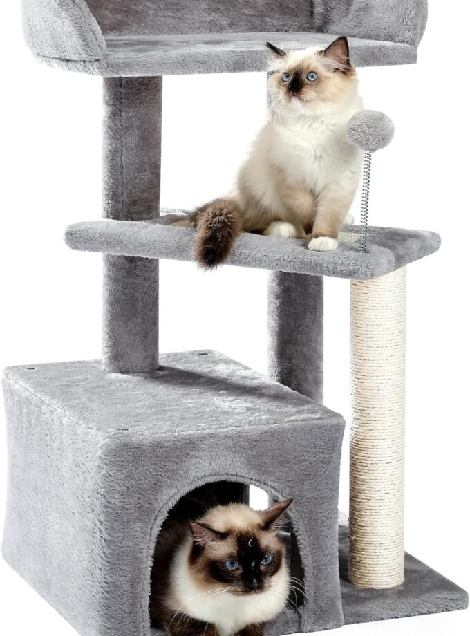 Cat Tree, Carpet Cat Tower Grey for Indoors Cats, Cute Wood Kitty Condo with Scratching Post and Pad, 29" Multi-Level Modern Activity Climbing Furniture for Small and Medium Cats