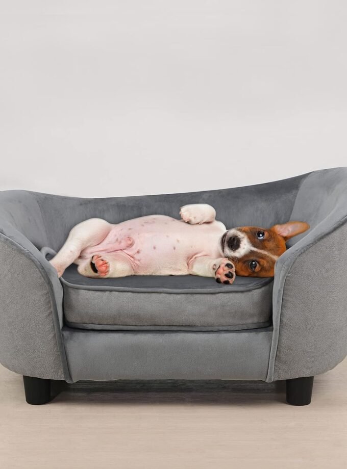 Pet Sofa Bed, Velvet & Linen Fabric Pet Couch Chair with Removeable & Washable Cushion for Small Dogs Cats (Light gray)