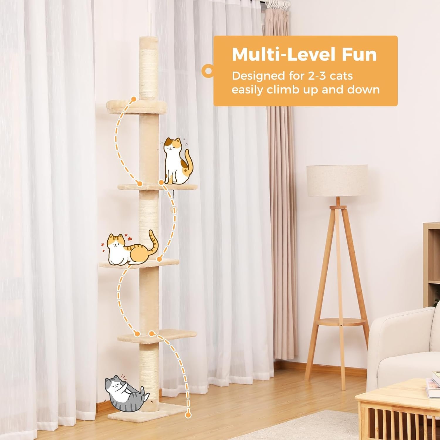 Cat Tower 5-Tier Floor to Ceiling Cat Tree Height(95-107 Inches) Adjustable, Tall, Climbing Tree Featuring with Scratching Post, Cozy Bed,Interactive Ball Toy for Indoor Cats/Kitten Beige - Image 2
