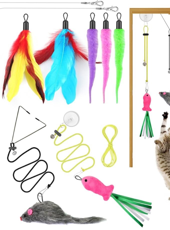 Cat Toys Interactive for Indoor Cats, 2 Retractable Cat Wand Toys, 2 Hanging Door Cat Toy with Mouse Fish, 5 Teaser Toys, Cat Feather Toys for Bored Indoor Adult Cats Kitten Stimulation Exercise Toys