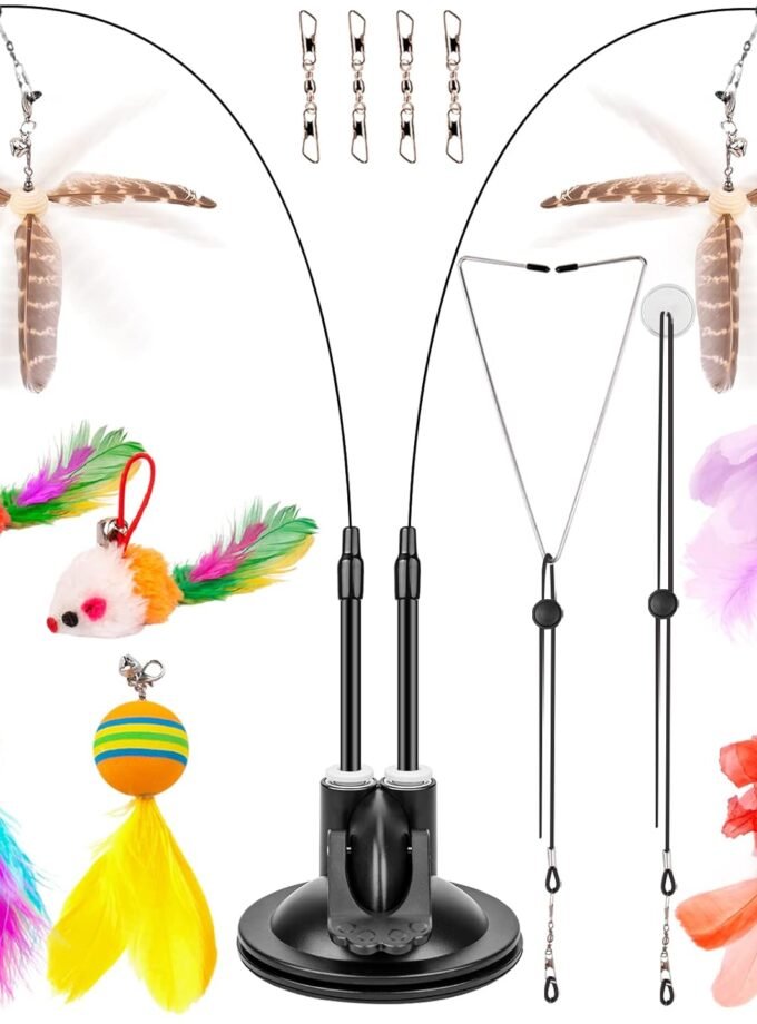 Cat Toys Wand, Interactive Cat Toy with Super Suction Cup Sticky Detachable 12 PCS Feather Replacements 2 Wands Cat Spring Feather Toys for Indoor Cats Kitten Toys (8 Toys Double Headed)