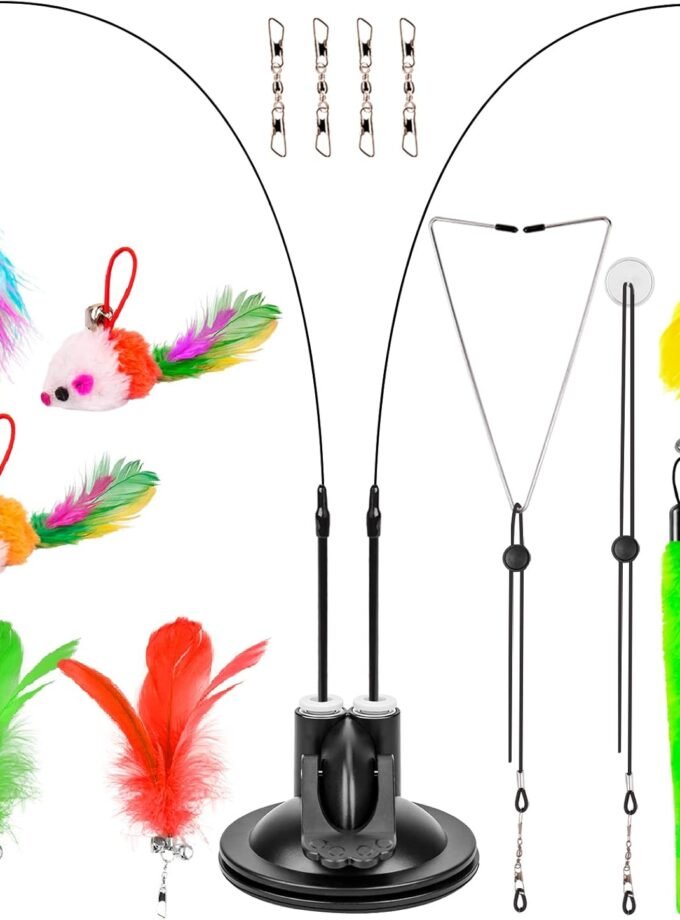 Cat Toys Wand, Interactive Cat Toy with Super Suction Cup Sticky Detachable 12 PCS Feather Replacements 2 Wands Cat Spring Feather Toys for Indoor Cats Kitten Toys (9 Toys Double Headed)
