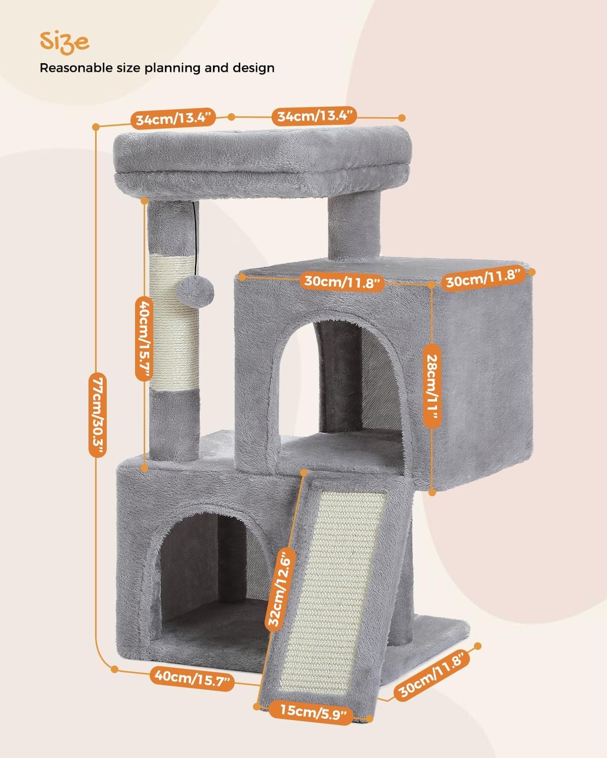 Cat Tree, 30 Inches Cat Tower with Dual Condos for Indoor Cats, Plush Cat House with Padded Perch, Scratching Ramp and Posts and Replaceable Balls-Gray - Image 2