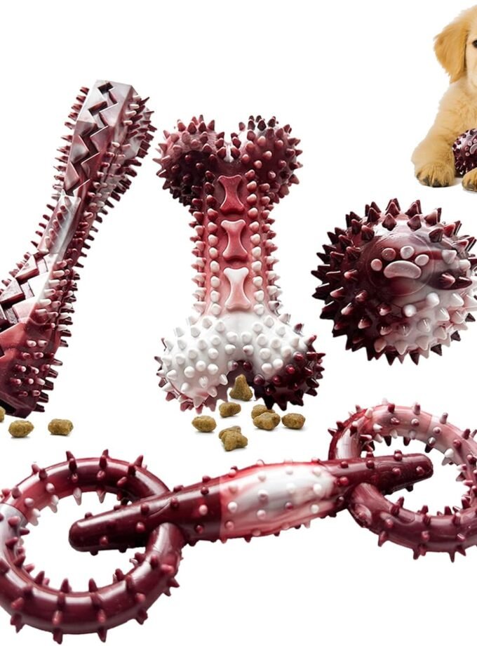 4 Pack Puppy Toys for 2-8 Months Pets Dog Chew Toy for Small Puppies Teething Toys for Cleaning Teeth Food Dispensing Soft Durable Rubber Bone Funny Ball Interactive Donut Treat Dumbbell (Meat)