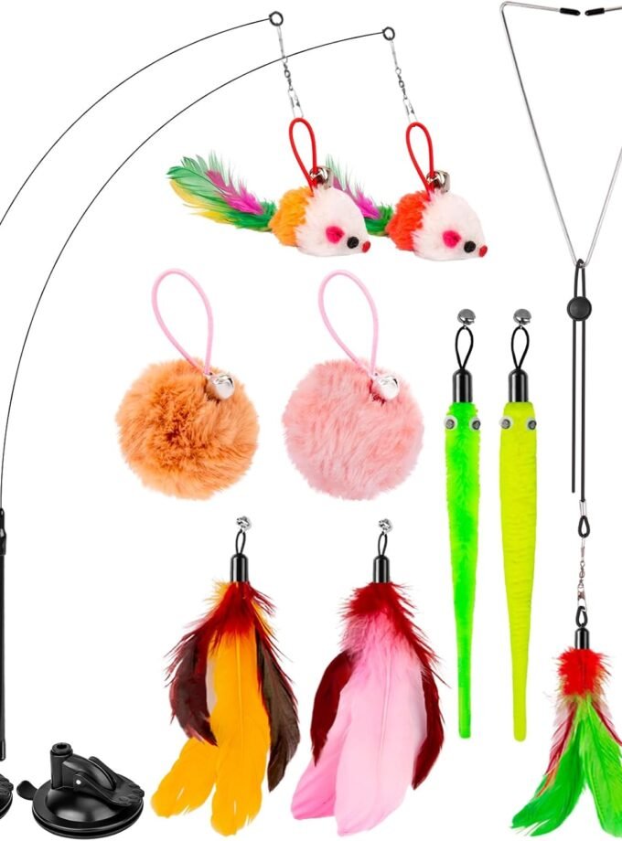 Cat Toys, 2 Pack 3 in 1 Interactive Cat Toy for Indoor Cats with Sticky Super Suction Cup Detachable 10 Pcs Replacements Feathers Balls Mice 2 Wand Hanging Door Kitten Toys