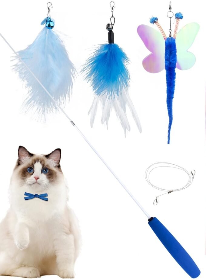Cat Wand Toy for Indoor Cats 6PCS Fairy Feather Cat Toys with Retractable Fishing Pole Replaceable Feather Attachments Dragonfly Tassel Worm with Bells Cat String Kitten Toy Gift (Blue)