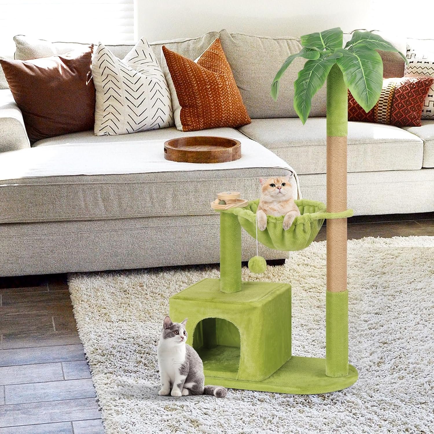 Cat Tree for Indoor Cats, Cat Tower with Large Hammock, Cat Condo Cat House Dangling Ball and Palm Leaf, Scratching Post for Indoor Kittens and Cats(Green) - Image 2
