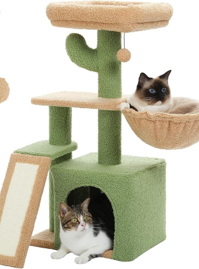 Cactus Cat Tree for Indoor Cats, 31.5'' Small Cat Tower Cat Condo with Sisal Scratching Ramp, Cozy Hammock and Removable Top Bed Perch for Kittens, Green