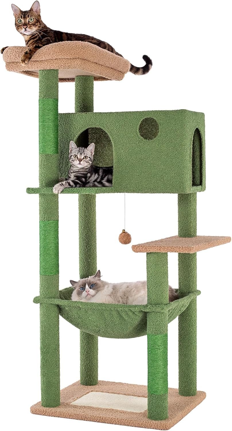 Cactus Cat Tree for Large Cats 53 Inches Tall Cat Tower with Large Hammock 21.7x17.7 Inches Super Spacious Condo and Wide Padded Perch Scratching Posts and Pad for Indoor Cats-Large Cactus