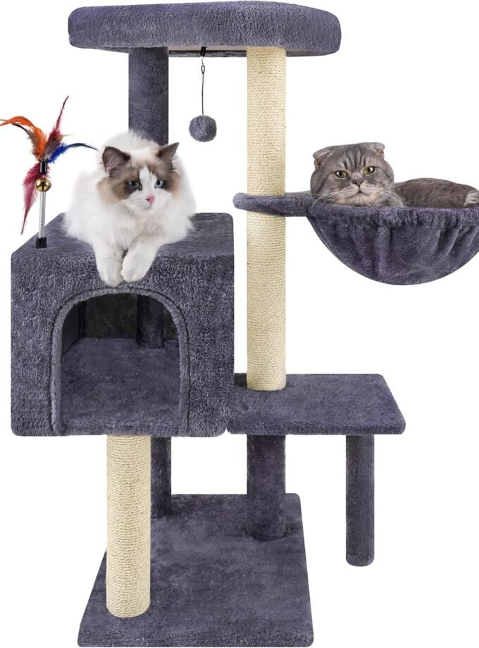 Multifunction Cat Tree has Cozy Hammock & Hanging Ball, Cat Tower with Activity Centre Furniture & Jute-Covered Scratching Posts Grey