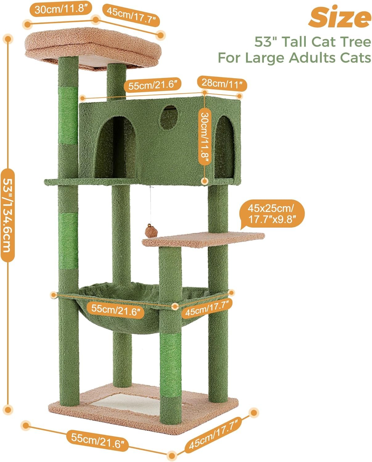 Cactus Cat Tree for Large Cats 53 Inches Tall Cat Tower with Large Hammock 21.7x17.7 Inches Super Spacious Condo and Wide Padded Perch Scratching Posts and Pad for Indoor Cats-Large Cactus - Image 2
