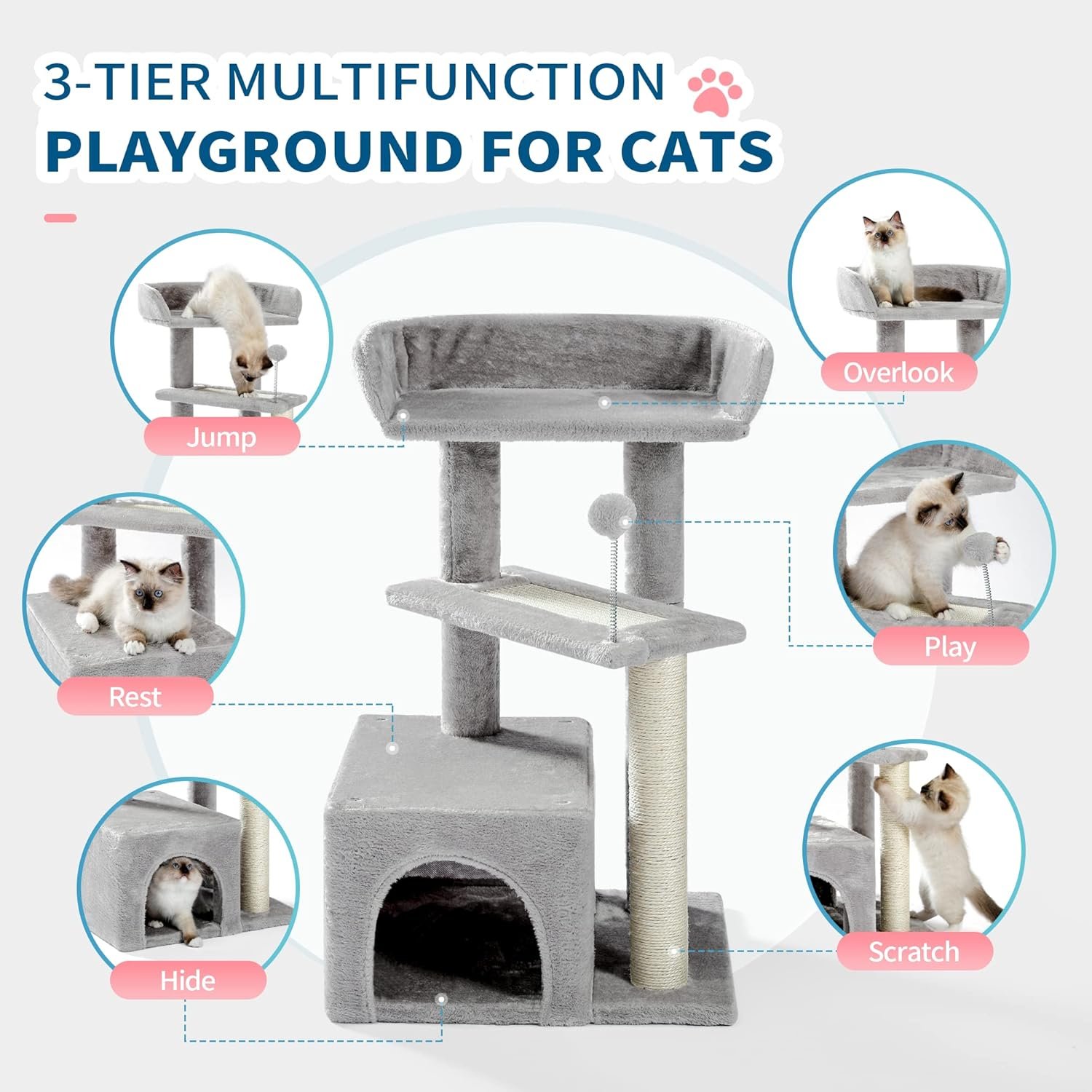 Cat Tree, Carpet Cat Tower Grey for Indoors Cats, Cute Wood Kitty Condo with Scratching Post and Pad, 29" Multi-Level Modern Activity Climbing Furniture for Small and Medium Cats - Image 2