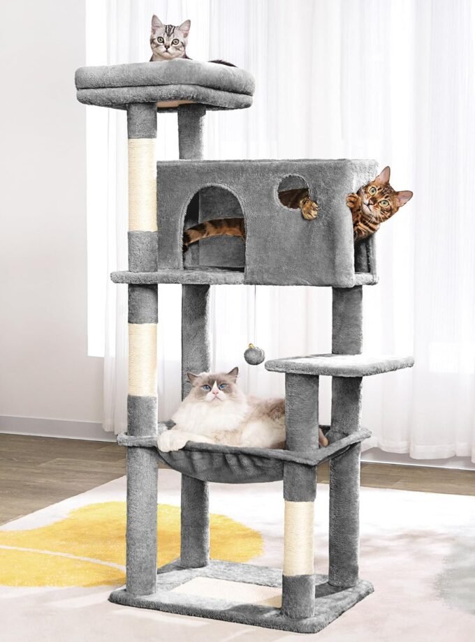 Cat Tree for Large Cats 53 Inches Tall Cat Tower with Large Hammock 21.7X17.7 Inches Super Spacious Condo and Wide Padded Perch Scratching Posts and Pad for Indoor Cats-Large Grey