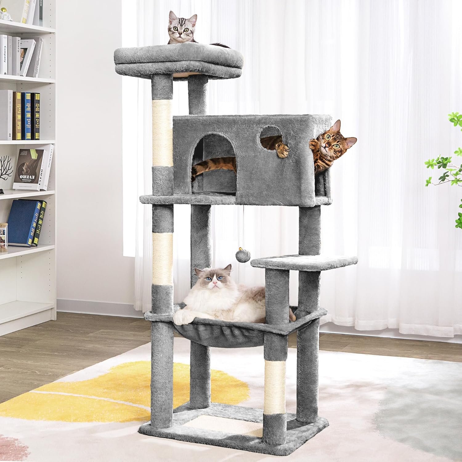 Cat Tree for Large Cats 53 Inches Tall Cat Tower with Large Hammock 21.7X17.7 Inches Super Spacious Condo and Wide Padded Perch Scratching Posts and Pad for Indoor Cats-Large Grey