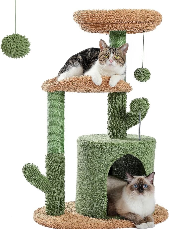 Cactus Cat Tree 32 Inches Small Cat Tower with Sisal Covered Scratching Post, Cozy Condo, Plush Perches and Fluffy Balls for Indoor Cats