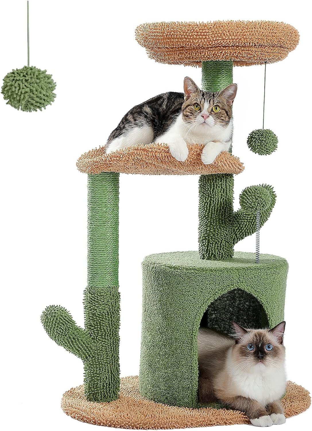 Cactus Cat Tree 32 Inches Small Cat Tower with Sisal Covered Scratching Post, Cozy Condo, Plush Perches and Fluffy Balls for Indoor Cats